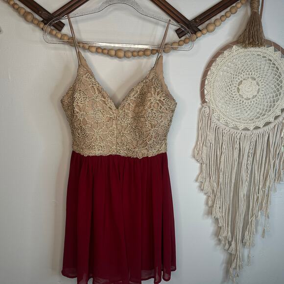 B. Darlin Gold Shimmer Burgundy Skirt Mini Dress - Picture 1 of 4